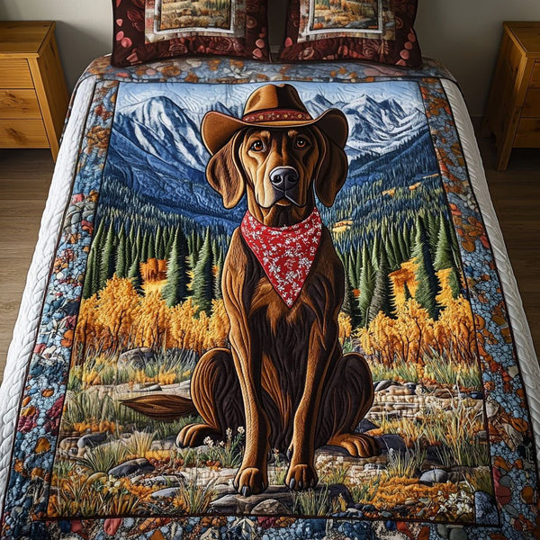 Cowboy Pointer quilted 3-piece bedding set on a made bed in a rustic timber bedroom