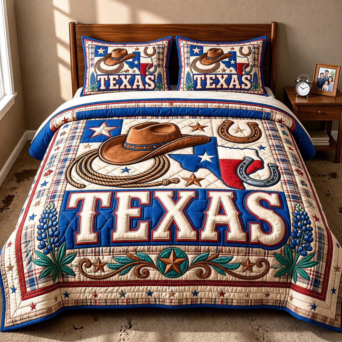 Cowboy Pride quilted 3-piece bedding set on a made bed in a rustic timber bedroom