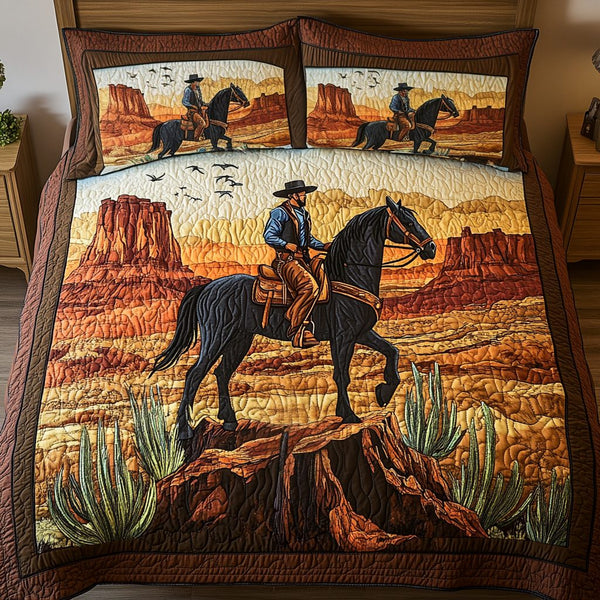 Cowboy Ride quilted 3-piece bedding set on a made bed in a rustic timber bedroom