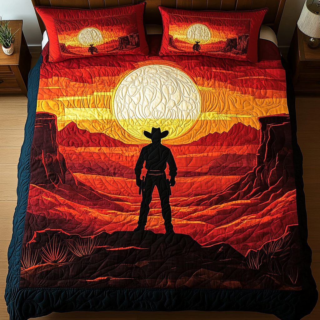 Cowboy Shadows quilted 3-piece bedding set on a made bed in a rustic timber bedroom