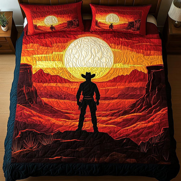 Cowboy Shadows quilted 3-piece bedding set on a made bed in a rustic timber bedroom