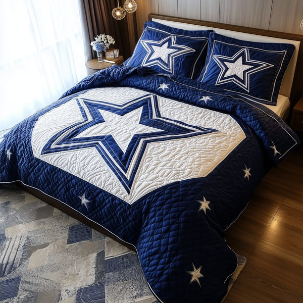 Cowboy Star quilted 3-piece bedding set on a made bed in a rustic timber bedroom