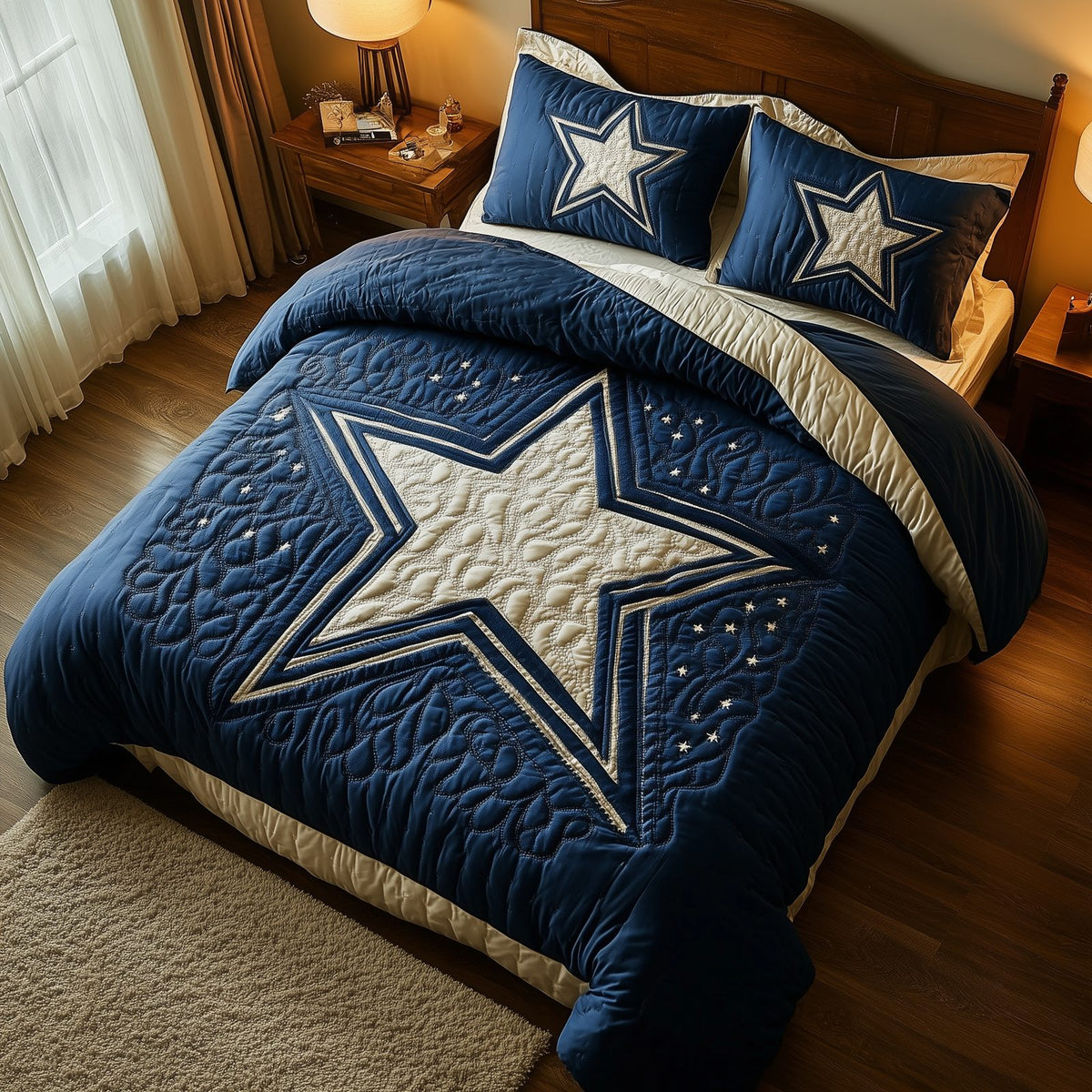 Cowboy Star quilted 3-piece bedding set on a made bed in a rustic timber bedroom