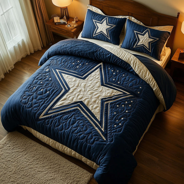 Cowboy Star quilted 3-piece bedding set on a made bed in a rustic timber bedroom