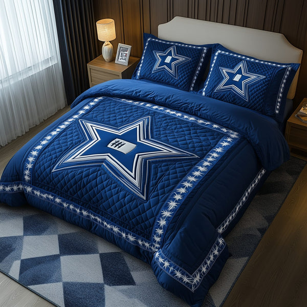 Cowboy Star quilted 3-piece bedding set on a made bed in a rustic timber bedroom