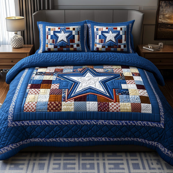 Cowboy Star quilted 3-piece bedding set on a made bed in a rustic timber bedroom