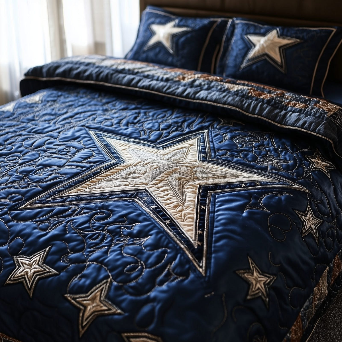 Cowboy Star quilted 3-piece bedding set on a made bed in a rustic timber bedroom