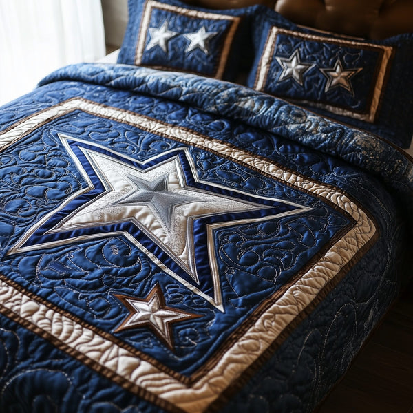 Cowboy Star quilted 3-piece bedding set on a made bed in a rustic timber bedroom