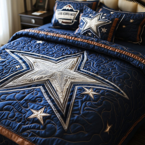 Cowboy Star quilted 3-piece bedding set on a made bed in a rustic timber bedroom