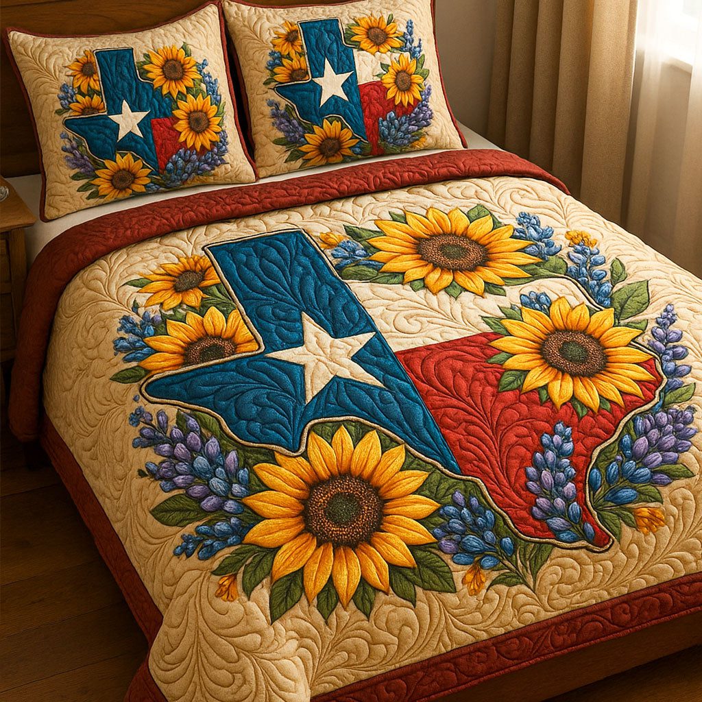 Cowboy State quilted 3-piece bedding set on a made bed in a rustic timber bedroom