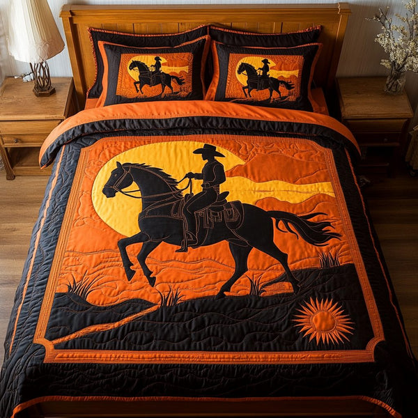 Cowboy Sunset quilted 3-piece bedding set on a made bed in a rustic timber bedroom
