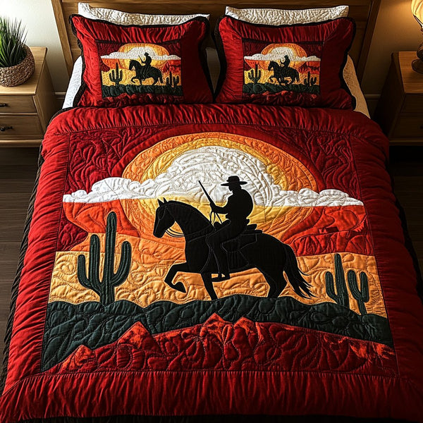 Cowboy Sunset quilted 3-piece bedding set on a made bed in a rustic timber bedroom