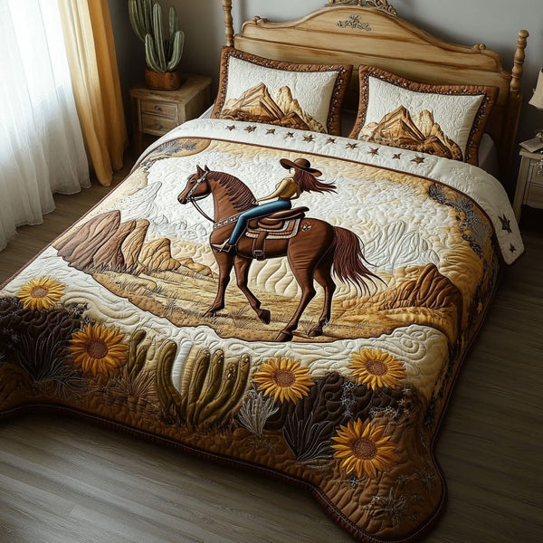Cowgirl Charm quilted 3-piece bedding set on a made bed in a rustic timber bedroom