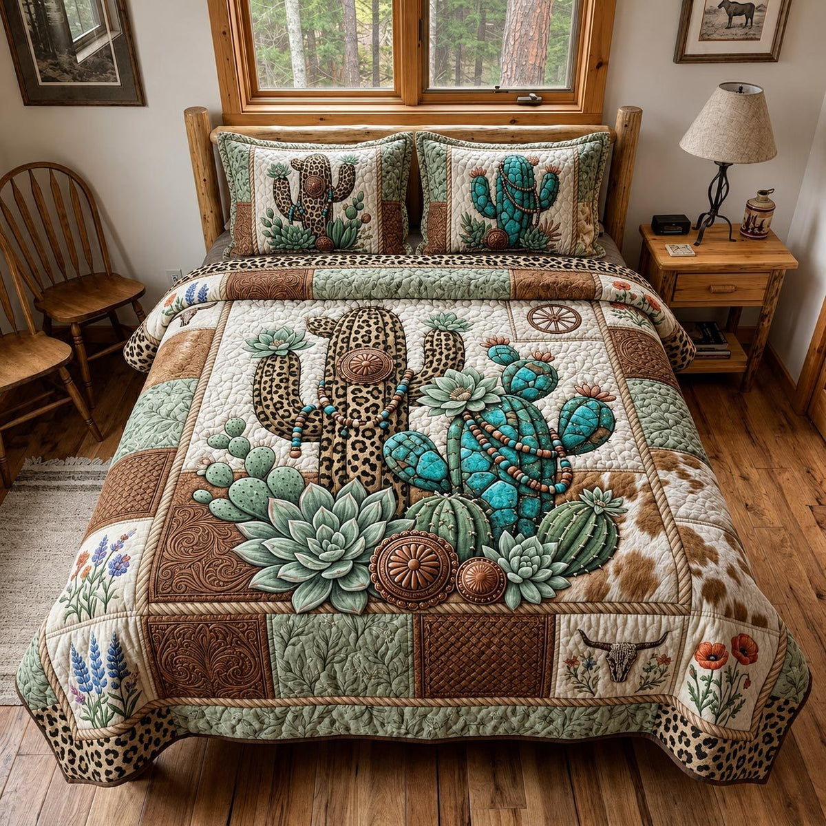 Cowgirl Leopard quilted 3-piece bedding set on a made bed in a rustic timber bedroom