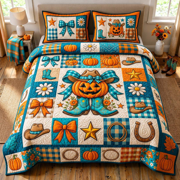 Cowgirl Pumpkin Charm quilted 3-piece bedding set on a made bed against a dark styled interior
