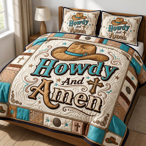 Cowgirl quilted 3-piece bedding set on a made bed in a rustic timber bedroom
