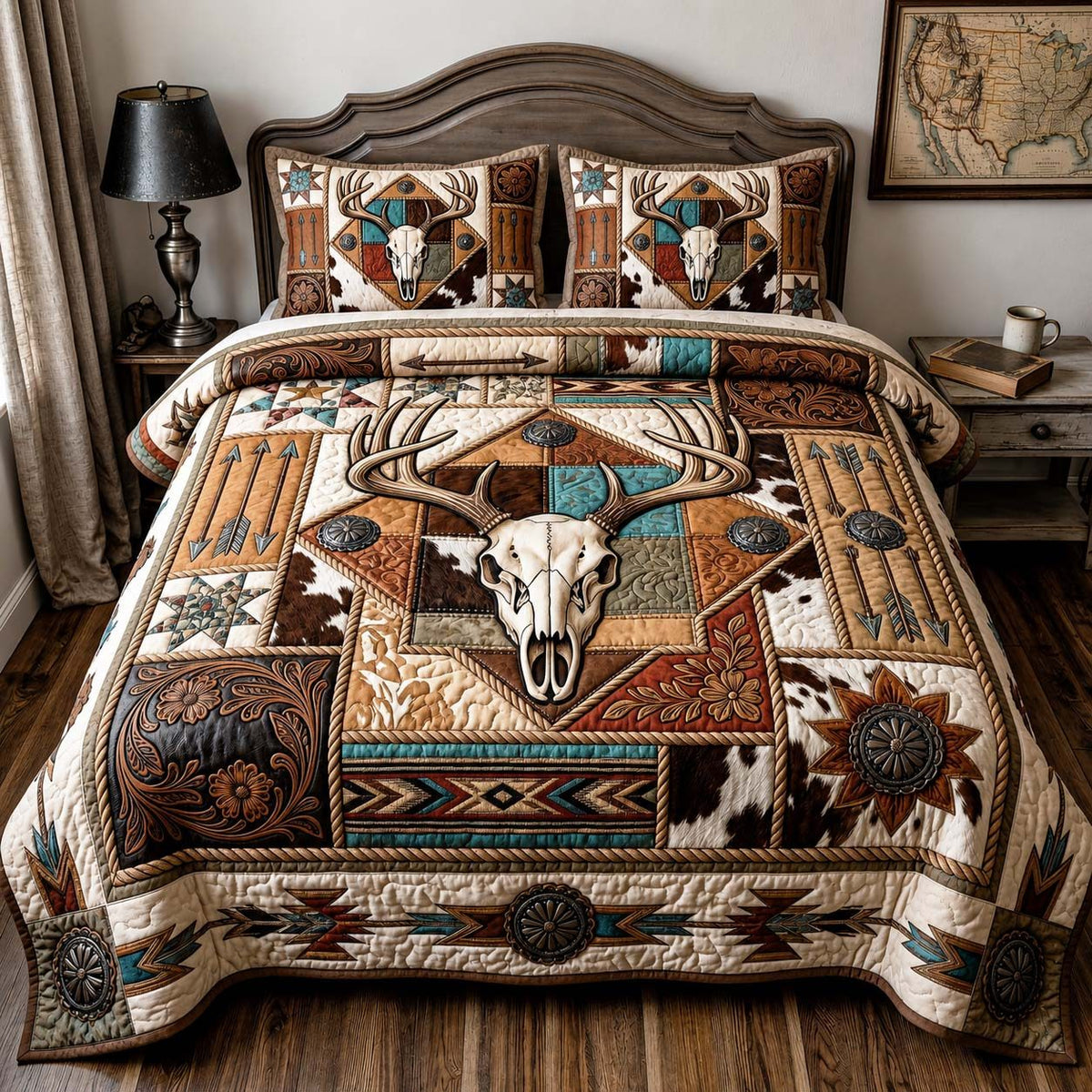 Cowhide Antlers quilted 3-piece bedding set on a made bed with two matching pillow shams