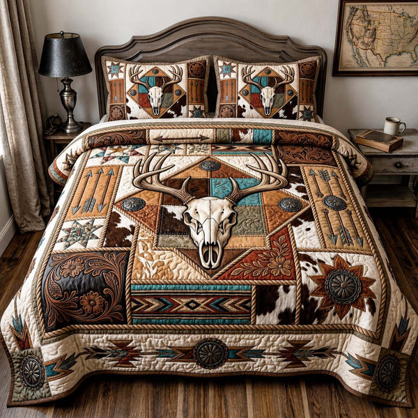 Cowhide Antlers quilted 3-piece bedding set on a made bed with two matching pillow shams