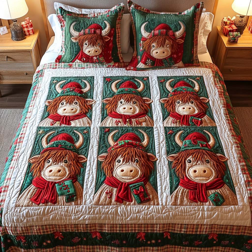 Cozy Antlers quilted 3-piece bedding set on a made bed with two matching pillow shams