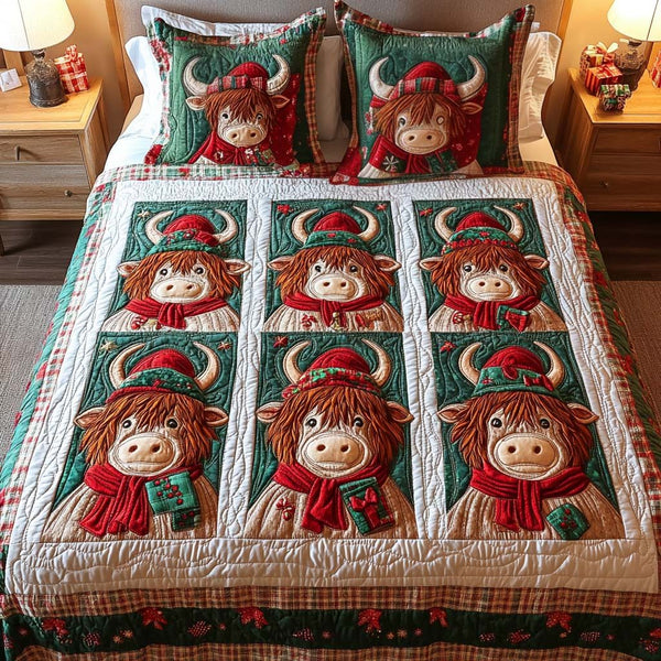 Cozy Antlers quilted 3-piece bedding set on a made bed with two matching pillow shams
