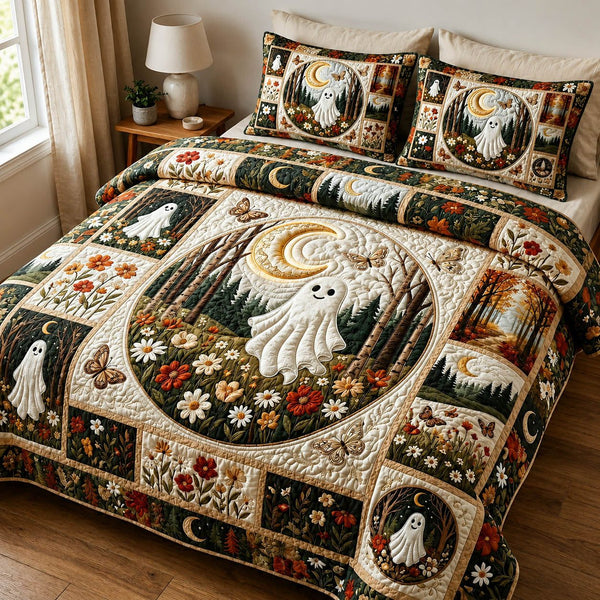 Cozy Autumn Ghost quilted 3-piece bedding set on a made bed against a dark styled interior