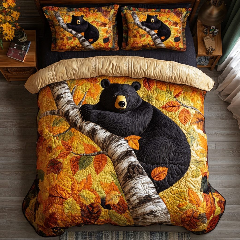 Cozy Bear quilted 3-piece bedding set on a made bed with two matching pillow shams