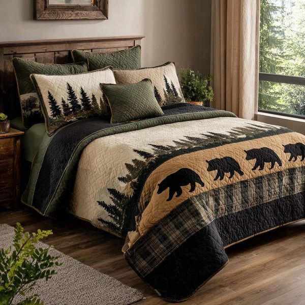 Cozy Bear quilted 3-piece bedding set on a made bed with two matching pillow shams