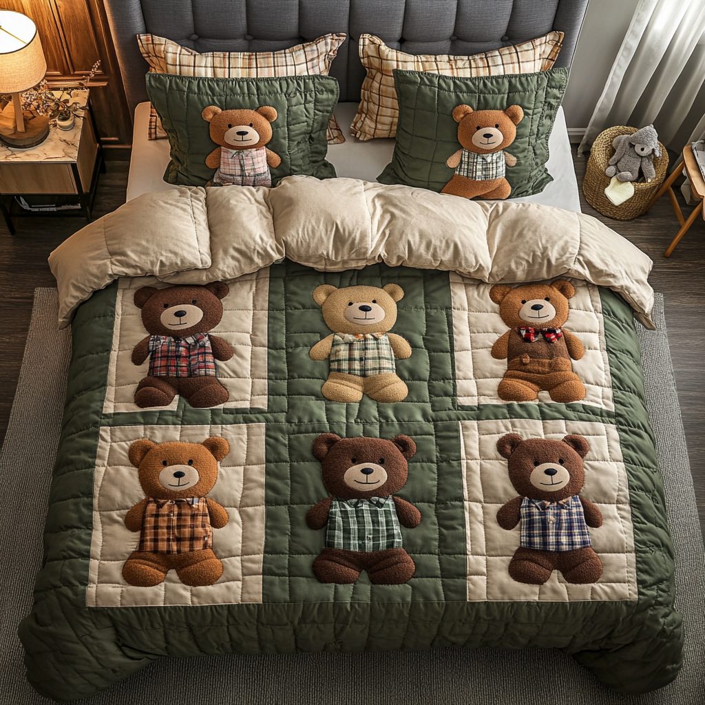 Cozy Bears quilted 3-piece bedding set on a made bed with two matching pillow shams