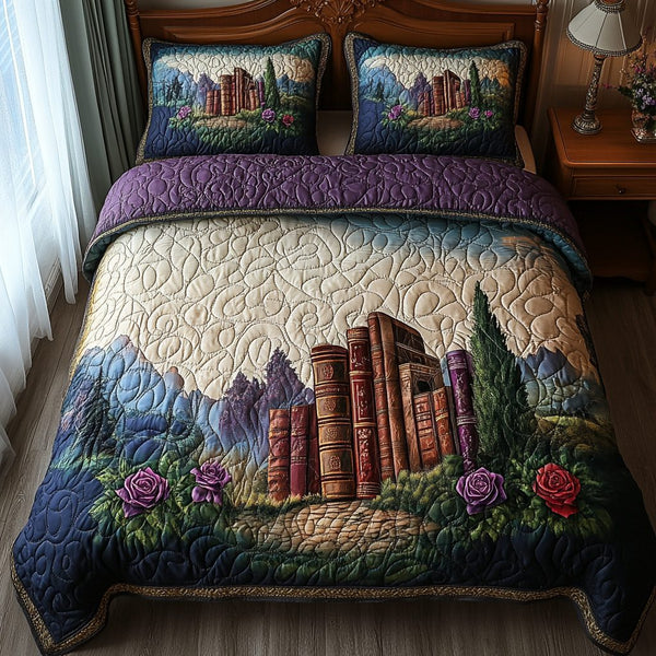 Cozy Bibliophile quilted 3-piece bedding set on a made bed with two matching pillow shams