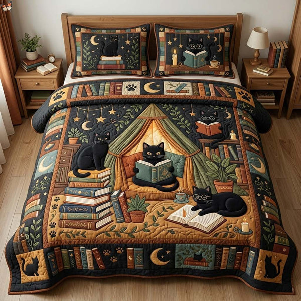 Cozy Black Cat Reading Nook quilted 3-piece bedding set on a made bed with two matching pillow shams