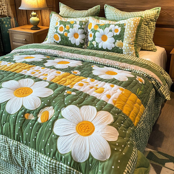 Cozy Bloom quilted 3-piece bedding set on a made bed with two matching pillow shams