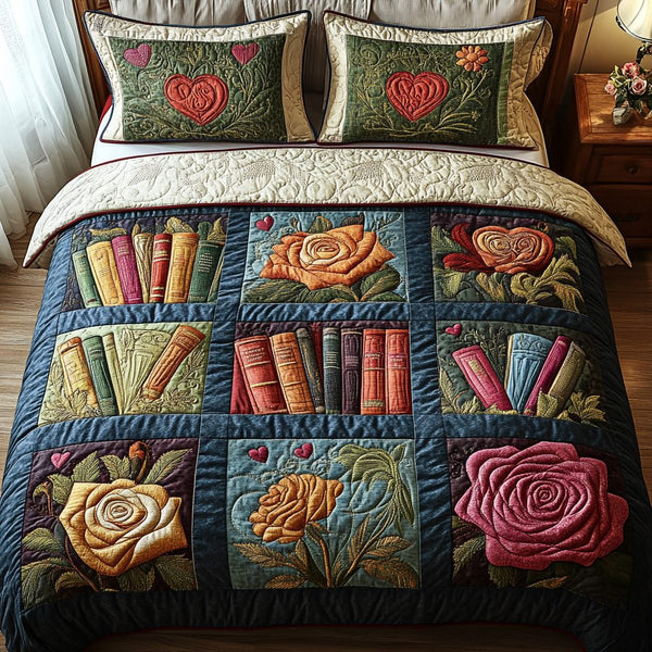 Cozy Book Haven quilted 3-piece bedding set on a made bed with two matching pillow shams