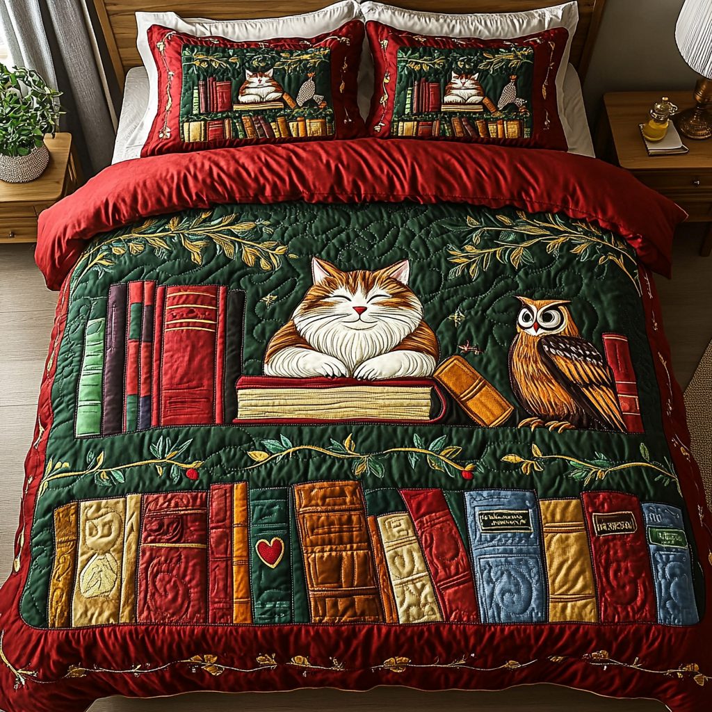 Cozy Book Nook quilted 3-piece bedding set on a made bed with two matching pillow shams