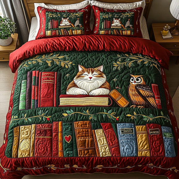 Cozy Book Nook quilted 3-piece bedding set on a made bed with two matching pillow shams