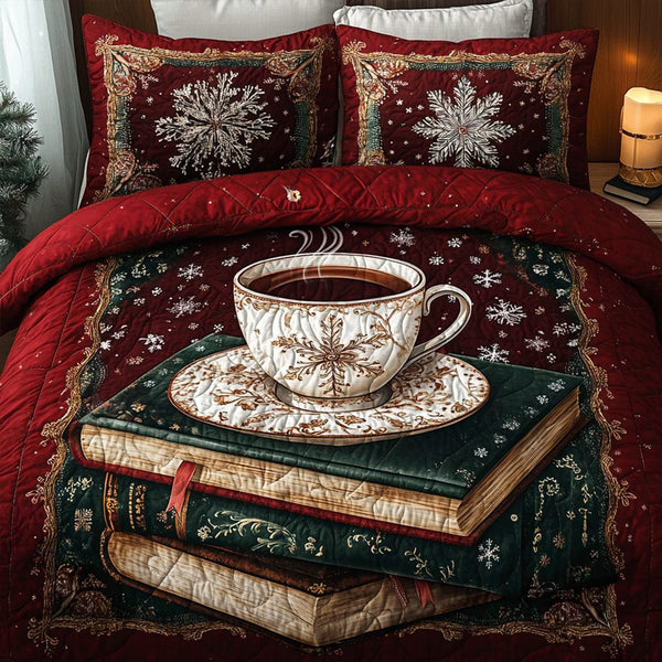 Cozy Book quilted 3-piece bedding set on a made bed with two matching pillow shams