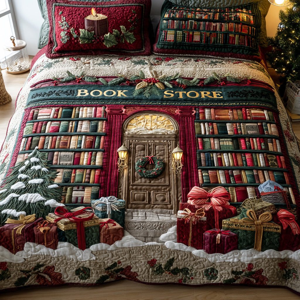 Cozy Bookland quilted 3-piece bedding set on a made bed with two matching pillow shams