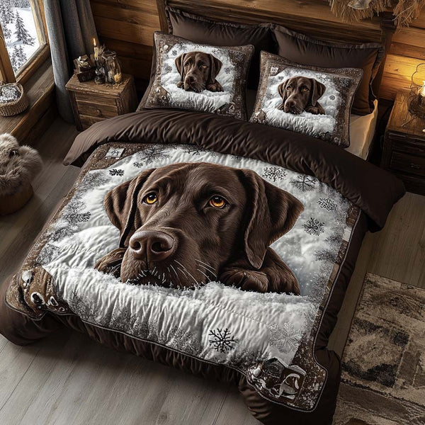 Cozy Brown Dream quilted 3-piece bedding set on a made bed with two matching pillow shams