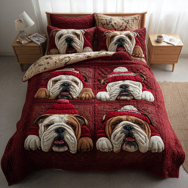 Cozy Bulldog Bunch quilted 3-piece bedding set on a made bed with two matching pillow shams