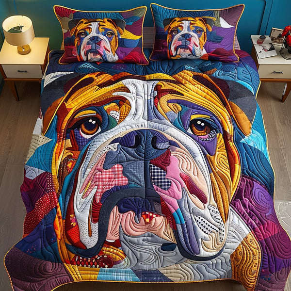 Cozy Bulldog Charm quilted 3-piece bedding set on a made bed with two matching pillow shams