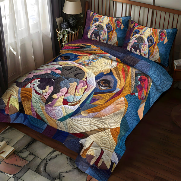 Cozy Bulldog quilted 3-piece bedding set on a made bed with two matching pillow shams
