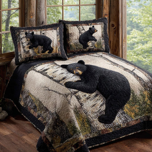 Cozy Cabin Black Bear quilted 3-piece bedding set on a made bed with two matching pillow shams
