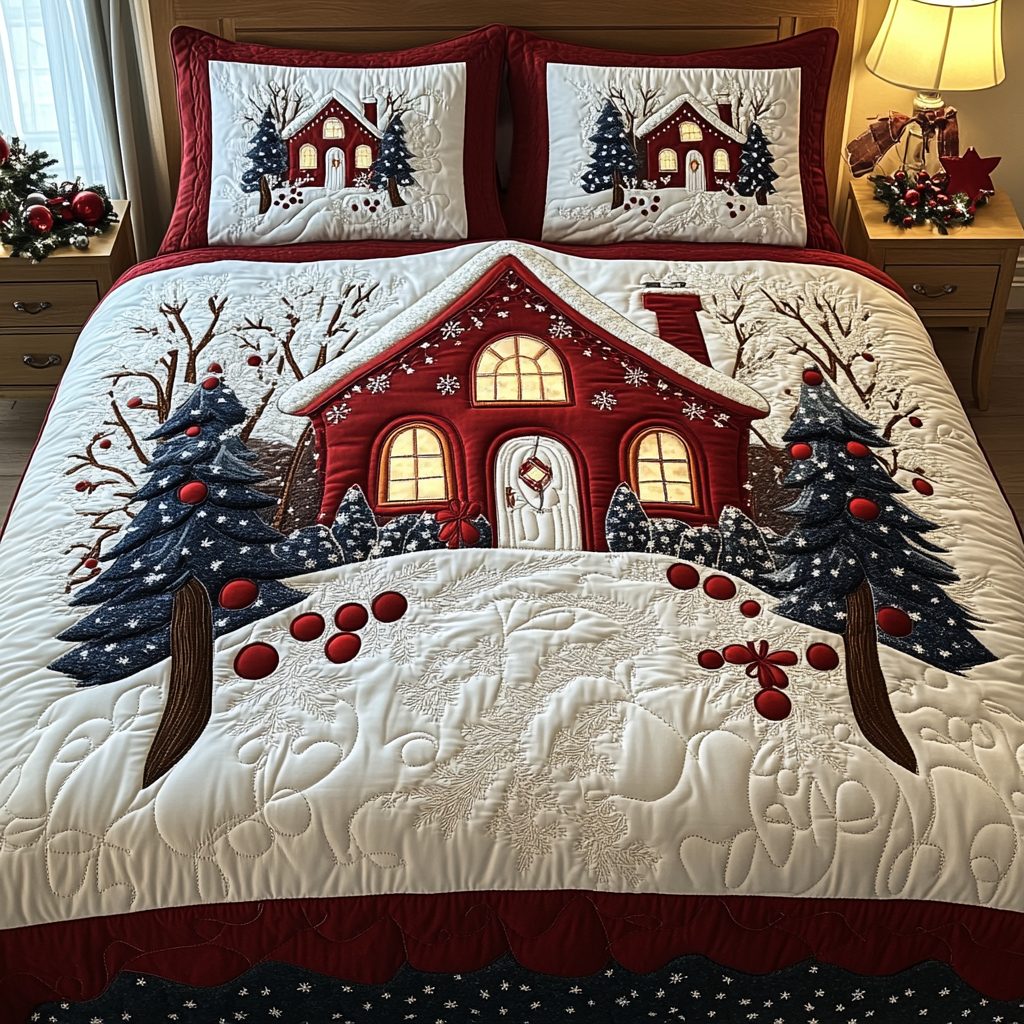Cozy Cabin Dreams quilted 3-piece bedding set on a made bed with two matching pillow shams