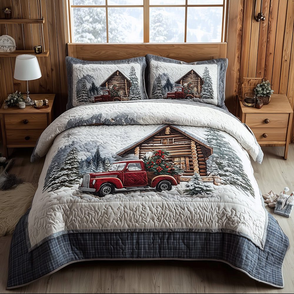 Cozy Cabin Hideaway quilted 3-piece bedding set on a made bed with two matching pillow shams