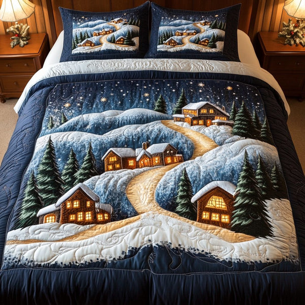 Cozy Cabin Hills quilted 3-piece bedding set on a made bed with two matching pillow shams