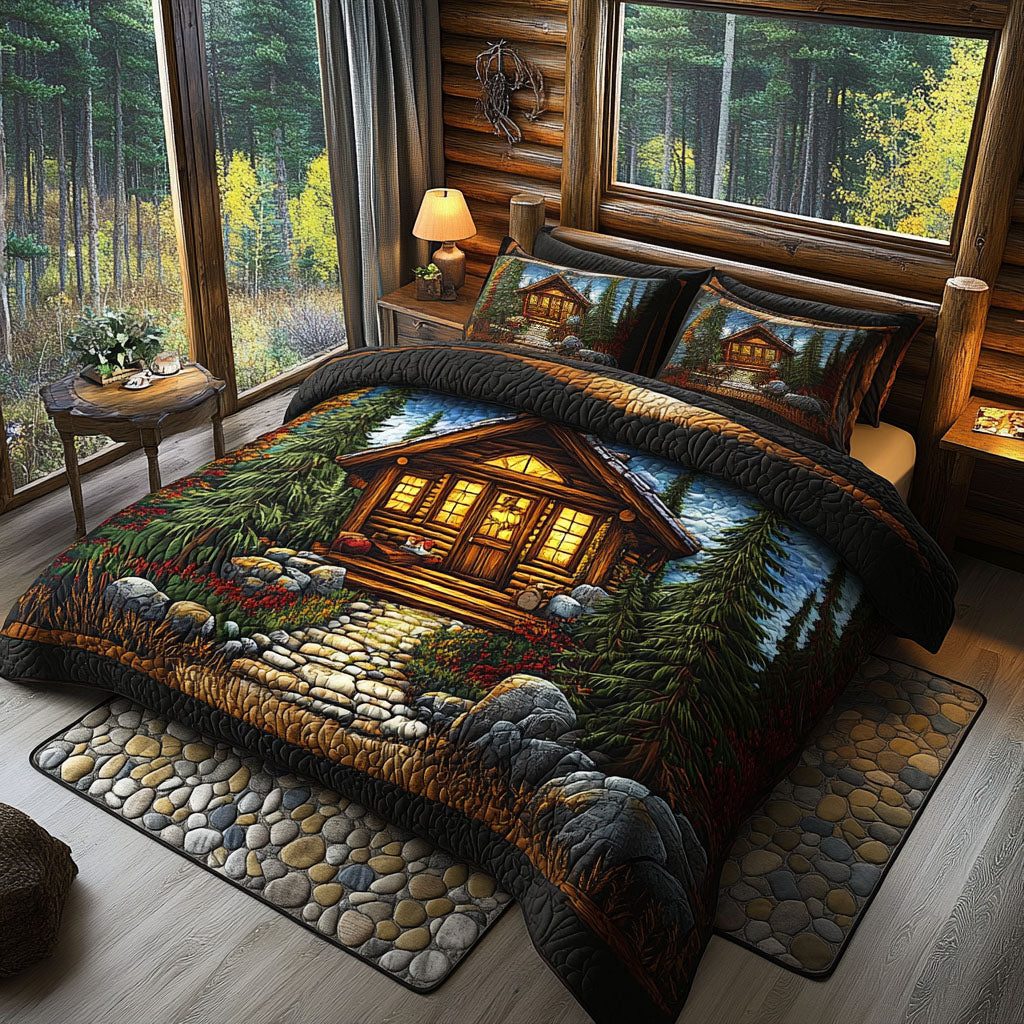 Cozy Cabin Nights quilted 3-piece bedding set on a made bed with two matching pillow shams