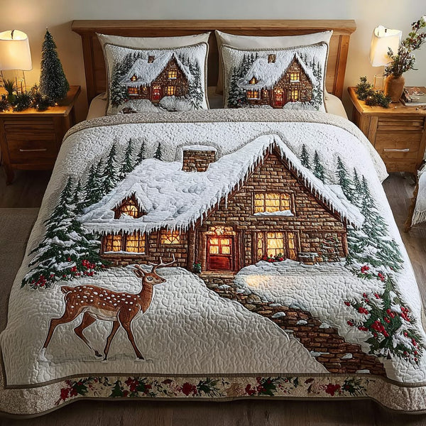 Cozy Cabin quilted 3-piece bedding set on a made bed with two matching pillow shams