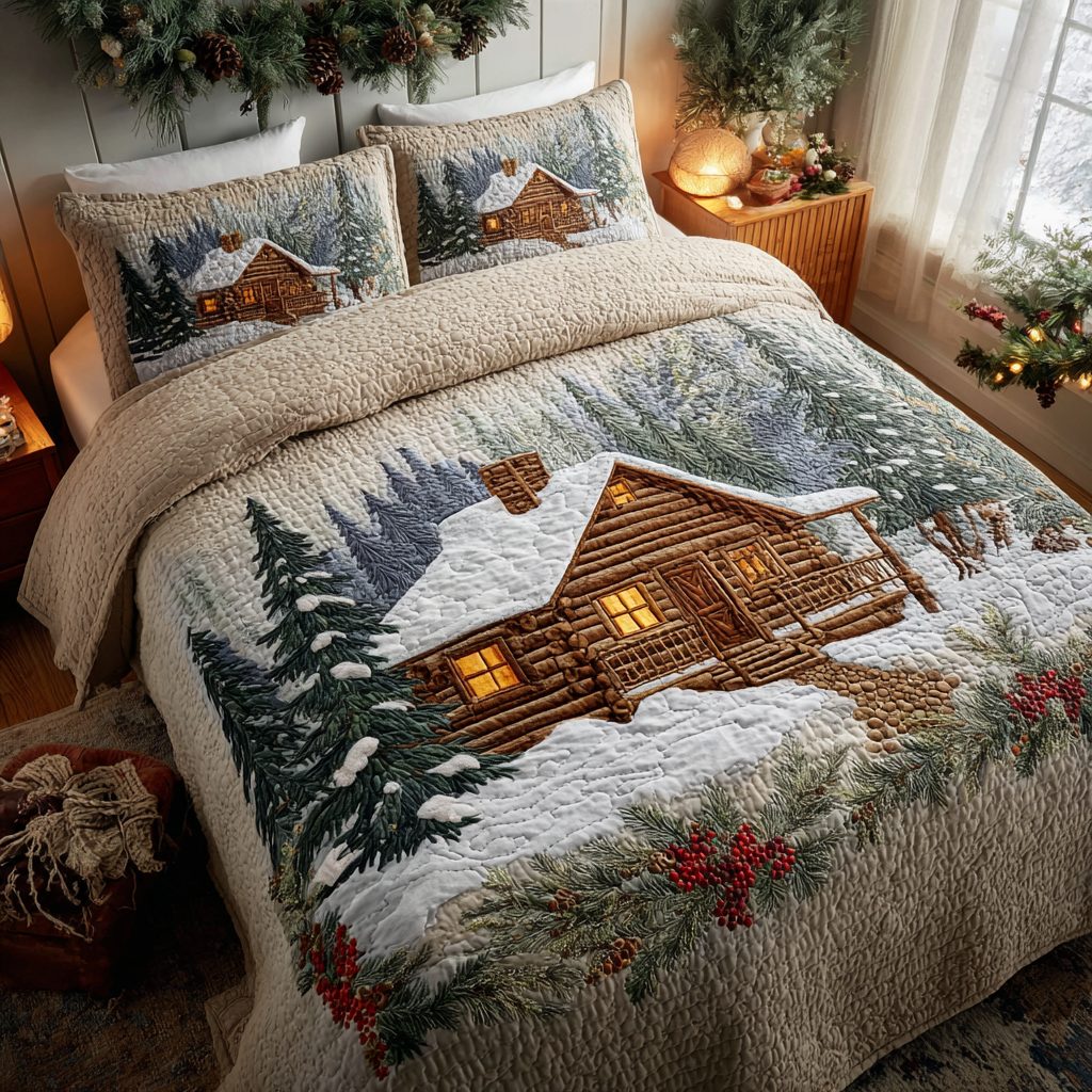 Cozy Cabin quilted 3-piece bedding set on a made bed with two matching pillow shams