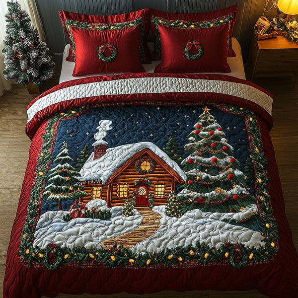 Cozy Cabin quilted 3-piece bedding set on a made bed with two matching pillow shams