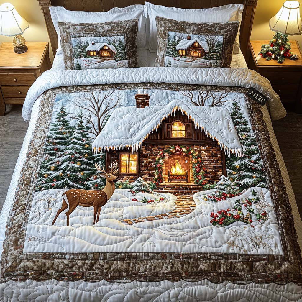 Cozy Cabin quilted 3-piece bedding set on a made bed with two matching pillow shams