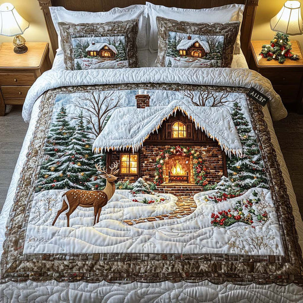 Cozy Cabin quilted 3-piece bedding set on a made bed with two matching pillow shams